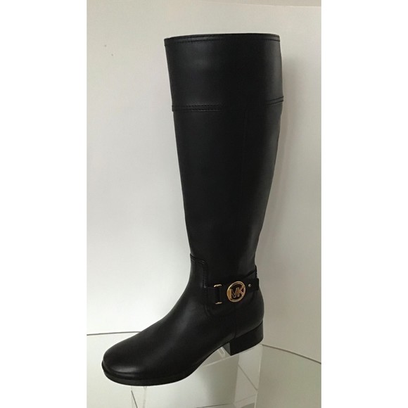 NEW MICHAEL KORS Black Leather Gold Logo Side Zip Tall Boots (Size 5.5 M) - $325 - Picture 1 of 10